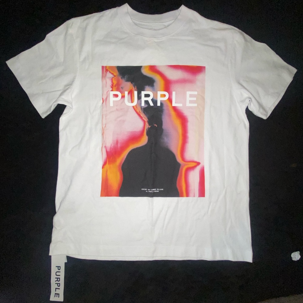 Purple Brand White and Purple Short Sleeve Tee with Graphic Design